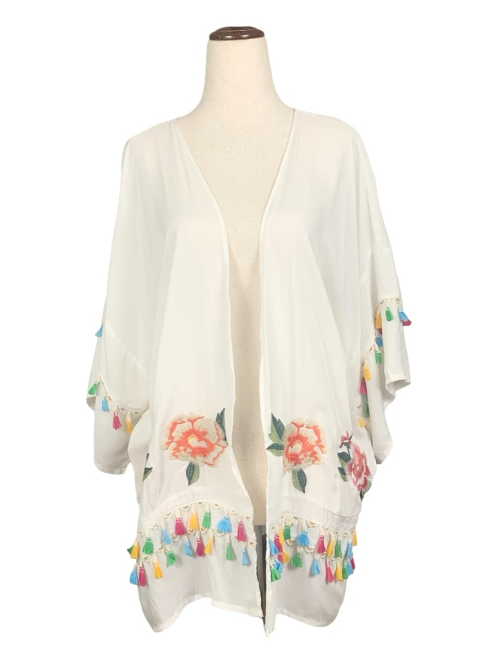 Umgee White Embroidered‎ Boho Floral Kimono Cover Up Colorful Tassels Beach S/M